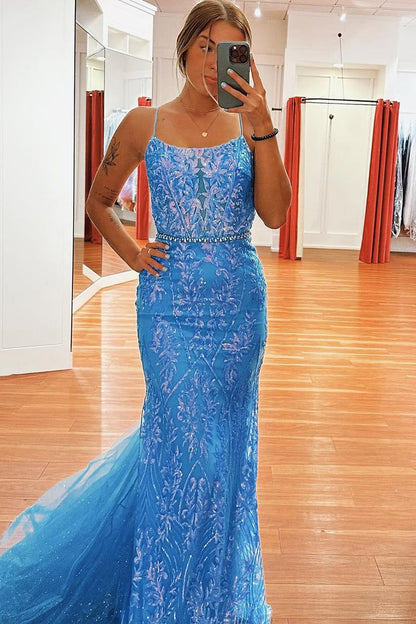 Light Blue Mermaid Scoop Neck Sequins Lace Long Prom Dresses