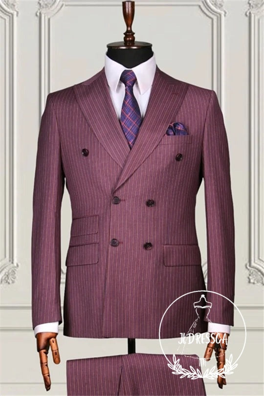 Brick Red Double Breasted Striped Men Suits For Business, SU25133
