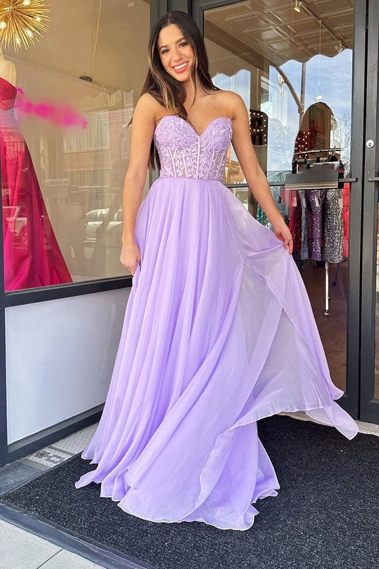 Purple A Line Sweetheart Corset Prom Dress with Appliques, PD25611