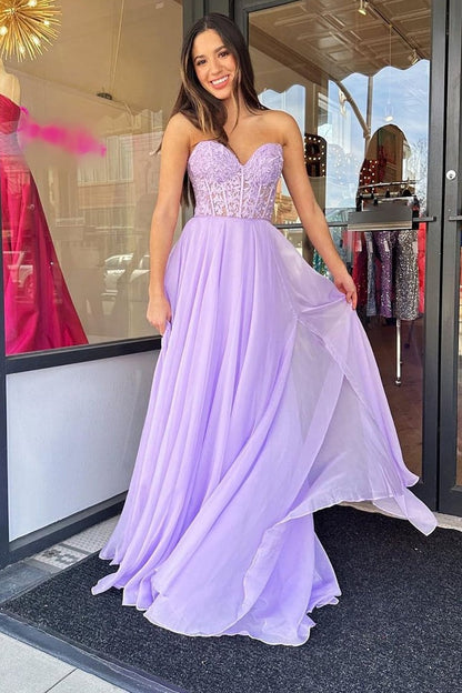 Purple A Line Sweetheart Corset Prom Dress with Appliques, PD25611