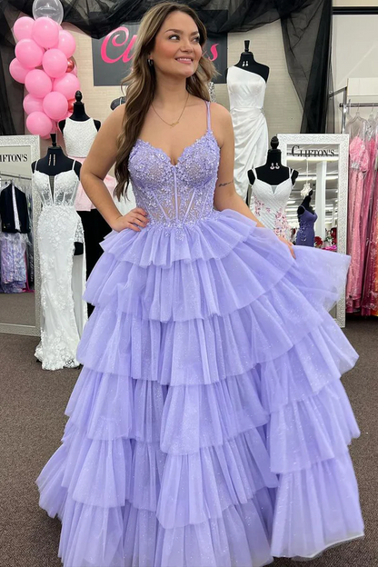 Tiered Tulle A-Line Long Prom Dress with Appliques, PD2404169