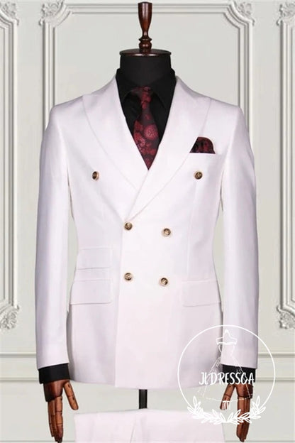 Simple White Double Breasted Slim Fit Men Suits, SU25093