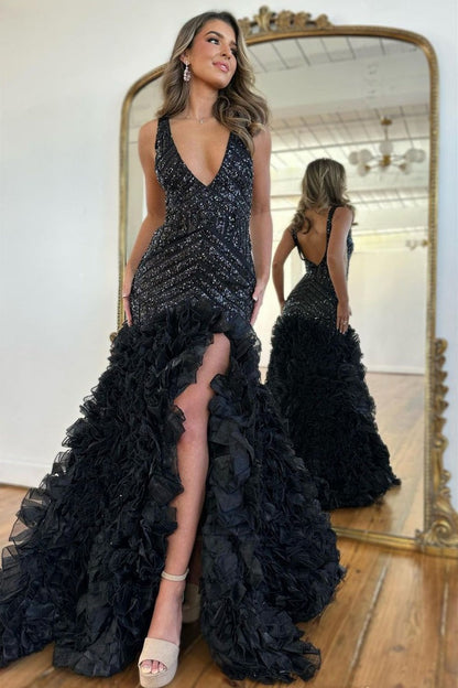 Black Sequins Mermaid V Neck Long Prom Dresses