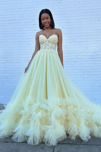 Yellow A - Line Sweetheart Ruffle Tulle Long Prom Dresses, PD25532