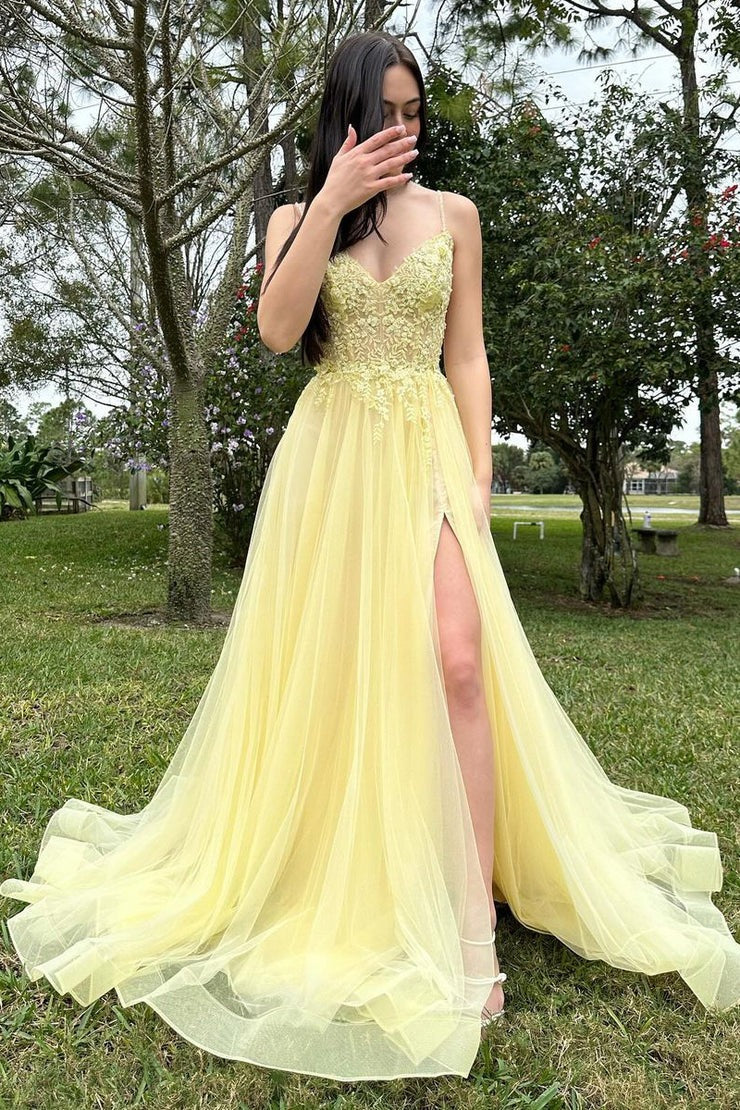 Yellow Tulle A-Line V Neck Long Prom Dresses with Appliques