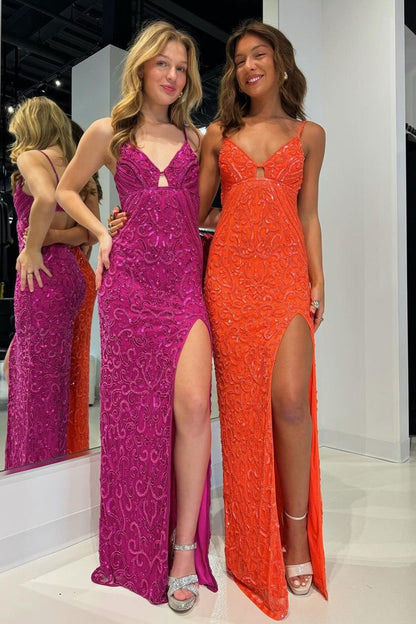 Fuchsia Keyhole V Neck Sequins Mermaid Long Prom Dresses, PD25352
