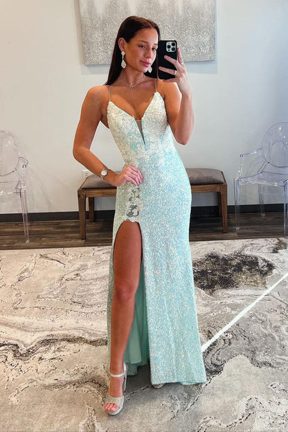 Sequins Mermaid V Neck Long Prom Dress with Appliques