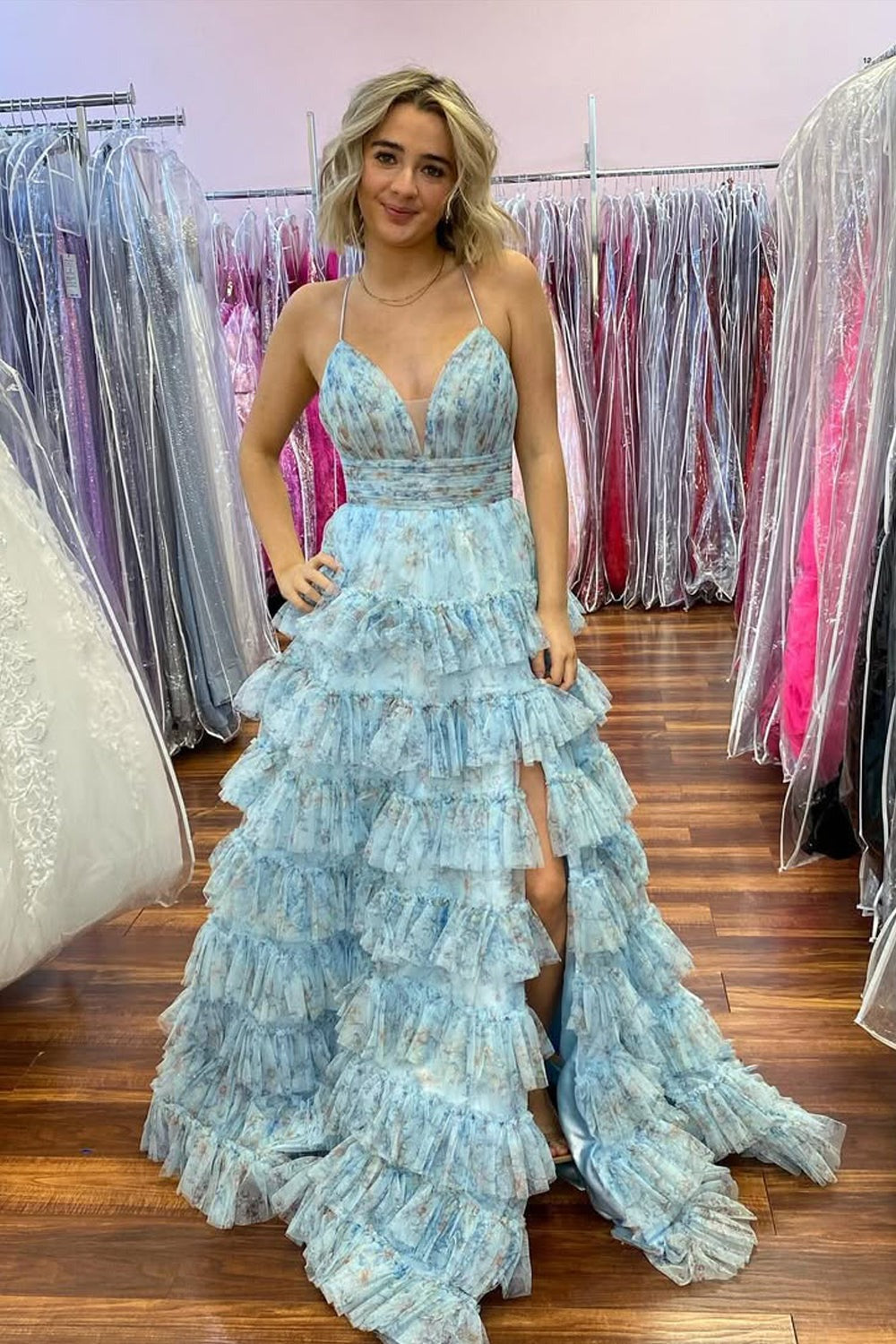 A Line V Neck Tiered Tulle Floral Printed Prom Dress with Slit, PD25742