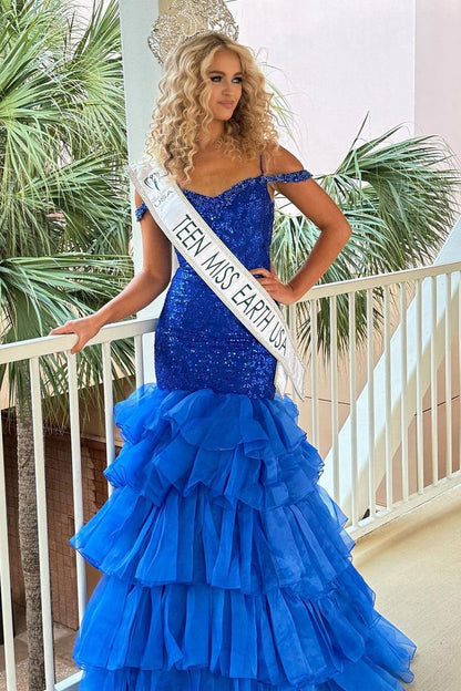 Royal Blue Mermaid Off the Shoulder Sequins Long Prom Dresses, PD25601
