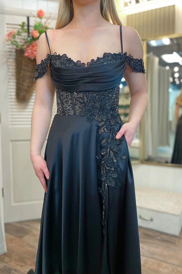 Black Satin Cold Shoulder Long Prom Dresses with Pockets