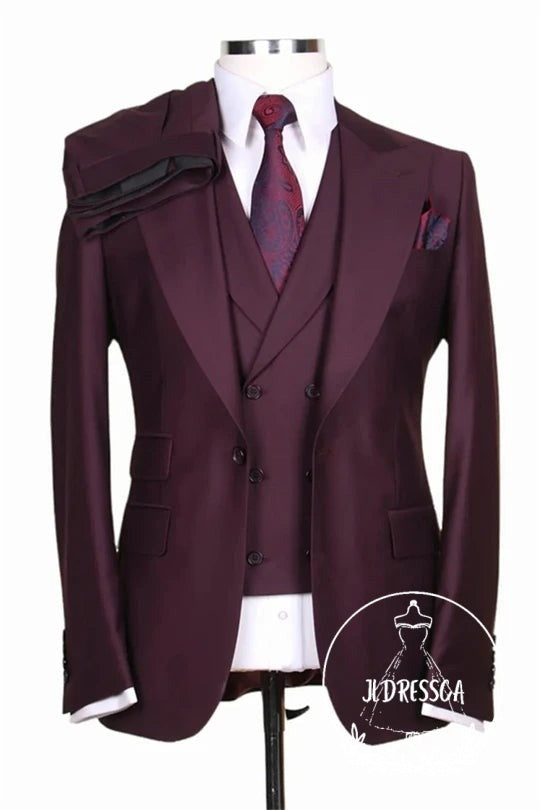 Burgundy Slim Fit Peaked Lapel Prom Outfits For Men, SU25173