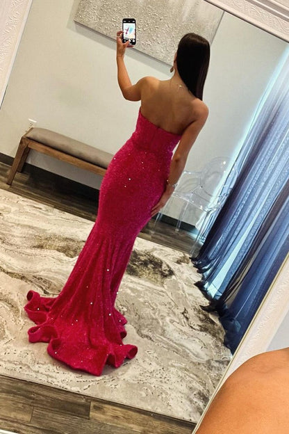 Fuchsia Sequins Strapless Mermaid Cute Long Prom Dress