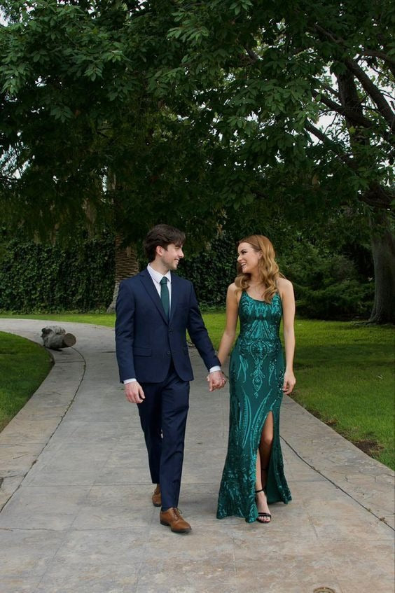 Green Sequin Sparkly Mermaid Scoop Neck Prom Dress with Lace-up