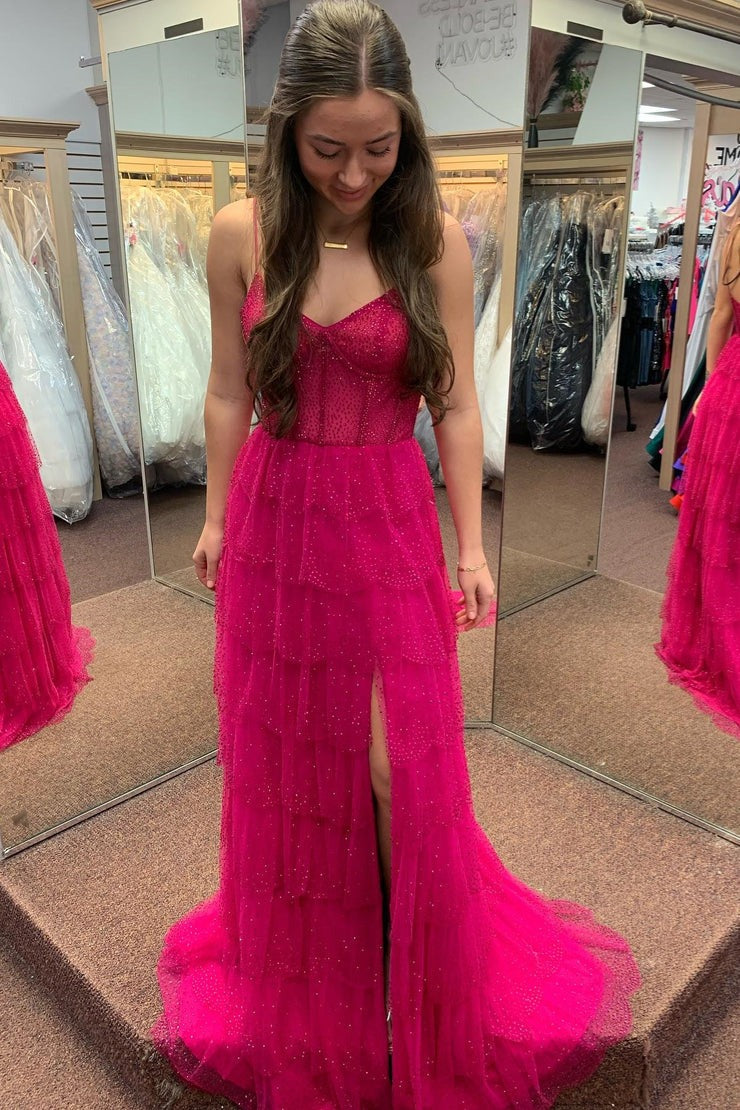 Fuchsia Spaghetti Straps Beaded Layers Long Prom Dress, PD25691