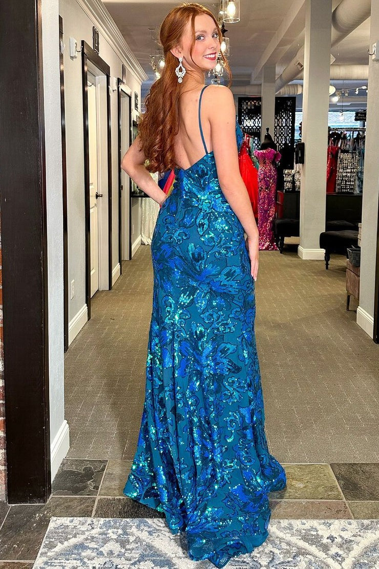 Blue V Neck Sequins Lace Mermaid Long Prom Dress with Slit