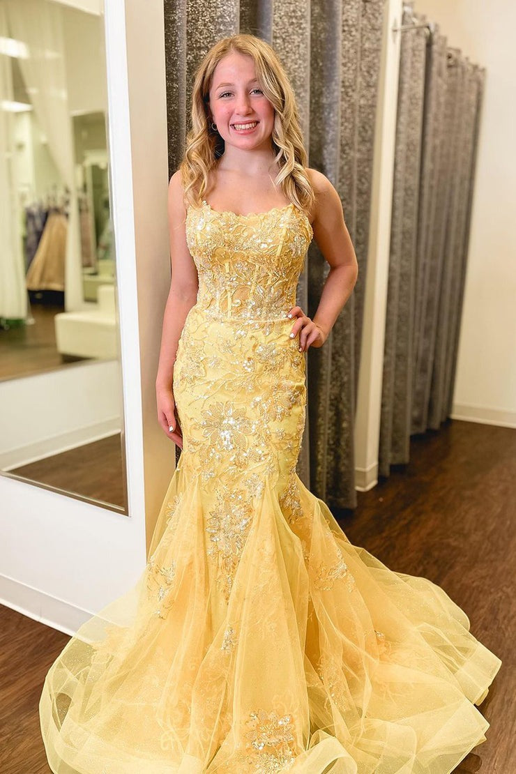 Yellow Sequins Scoop Neck Appliques Mermaid Long Prom Dress