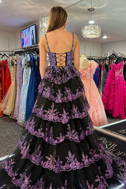 Black Sequins Lace Ruffle Tiered Long Prom Dress