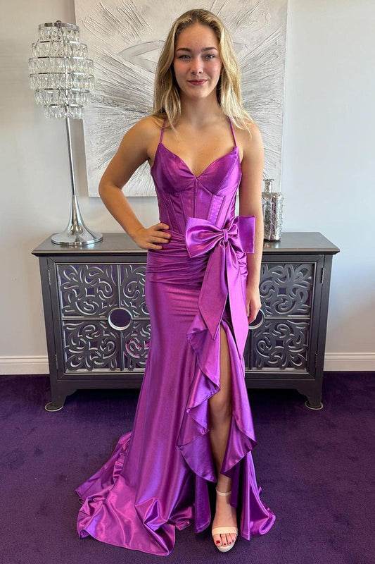 V Neck Mermaid Purple Satin Long Prom Dresses with Bow