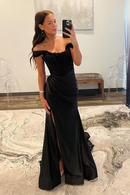 Black Satin Off the Shoulder Mermaid Long Prom Dress, PD2404161