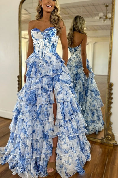 Floral Printed Chiffon A Line Long Prom Dress with Slit., PD25266