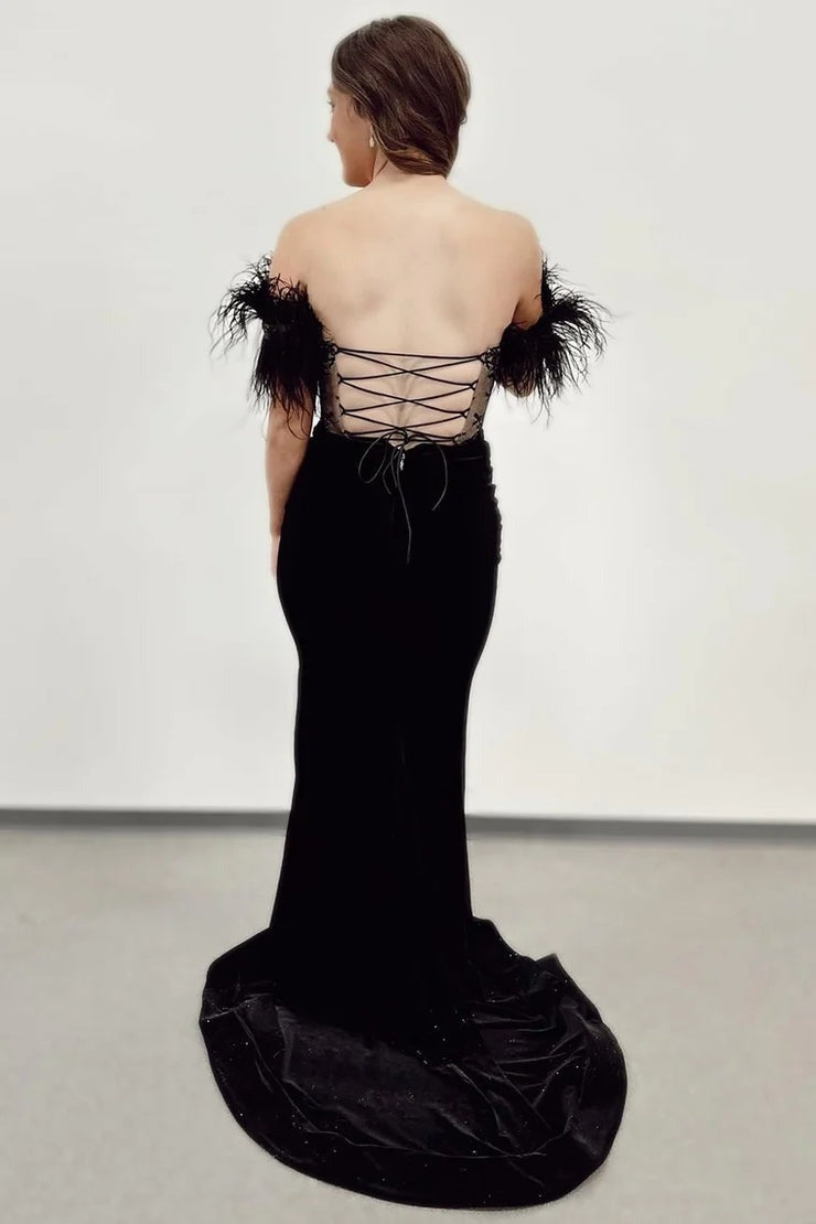 Black Off - the - Shoulder Velvet Lace Long Formal Dress with Slit, PD25660