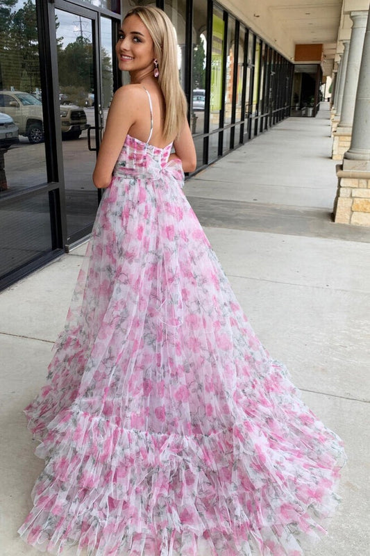 Pink A-Line Halter Keyhole Floral Print Long Prom Dress, PD25690