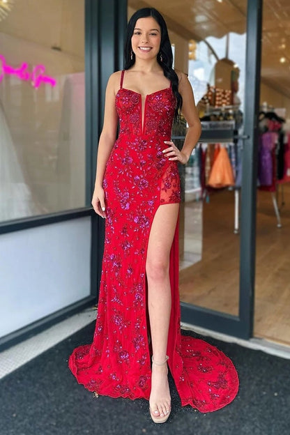 Red Mermaid Spaghetti Straps Stylish Corset Prom Dress with Split Front, PD25629