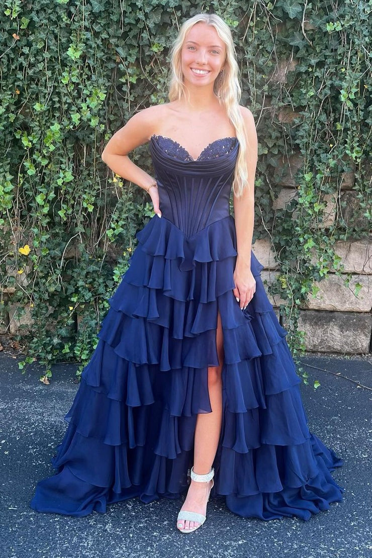 Sweetheart Navy Tiered Chiffon A Line Prom Dresses