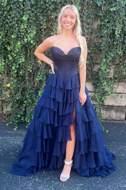 Sweetheart Navy Tiered Chiffon A Line Prom Dresses