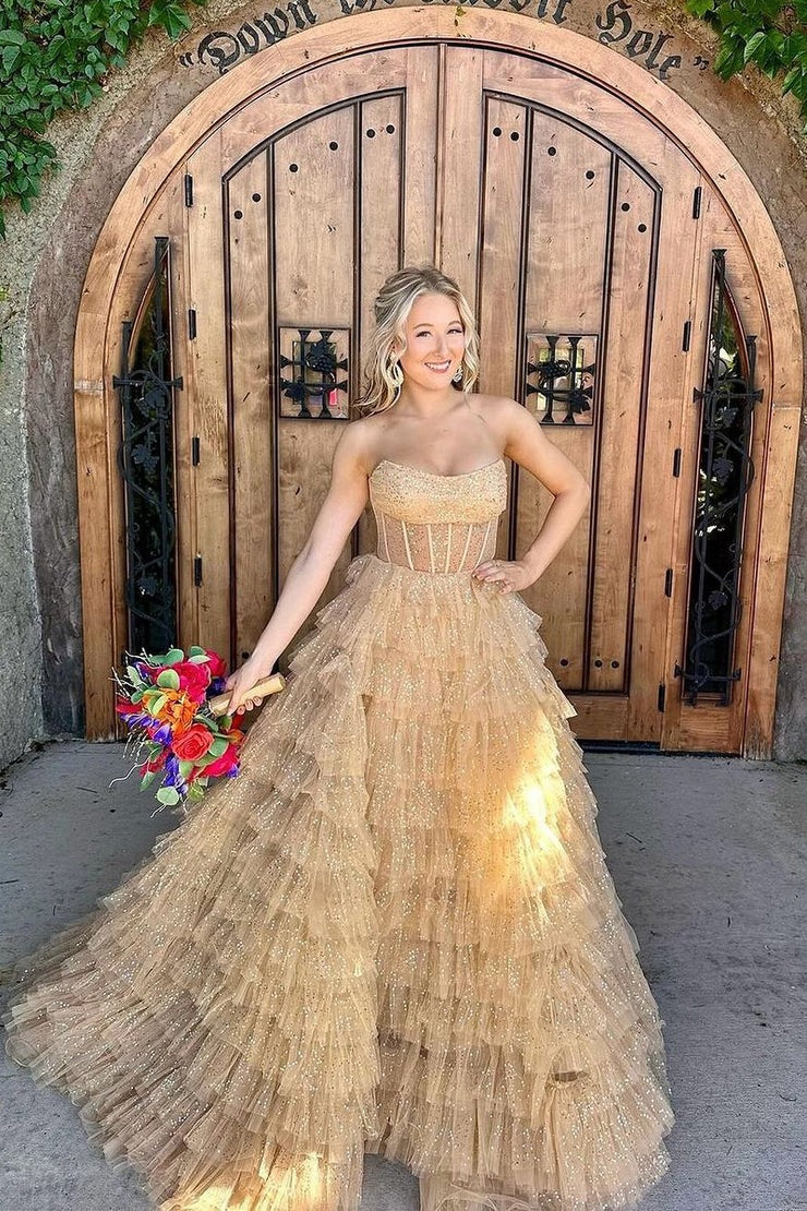 Strapless Ball Gown Gold Tiered Tulle Long Prom Dress, PD25102