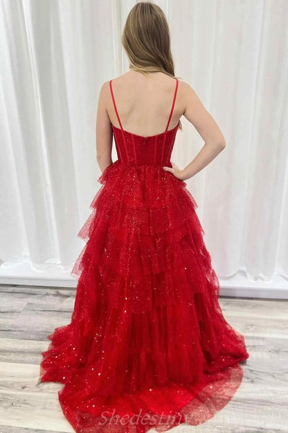 Red A Line Sweetheart Glitter Tulle Long Prom Dress, PD25770