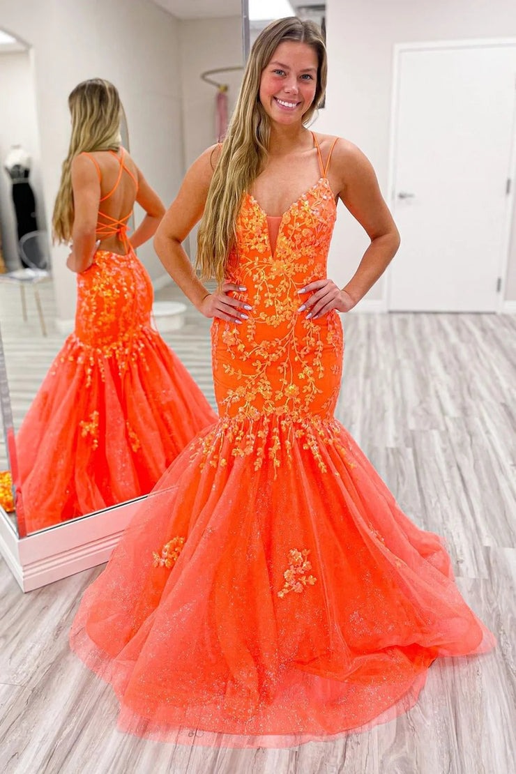 Orange Mermaid Spaghetti Straps Trendy Long Prom Dress with Appliques, PD25630