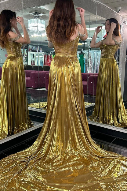 Gold Cold Shoulder Satin Pleated Long Prom Dresses with Slit