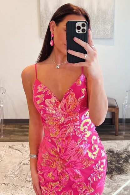 Pink V Neck Sequins Mermaid Long Prom Dress