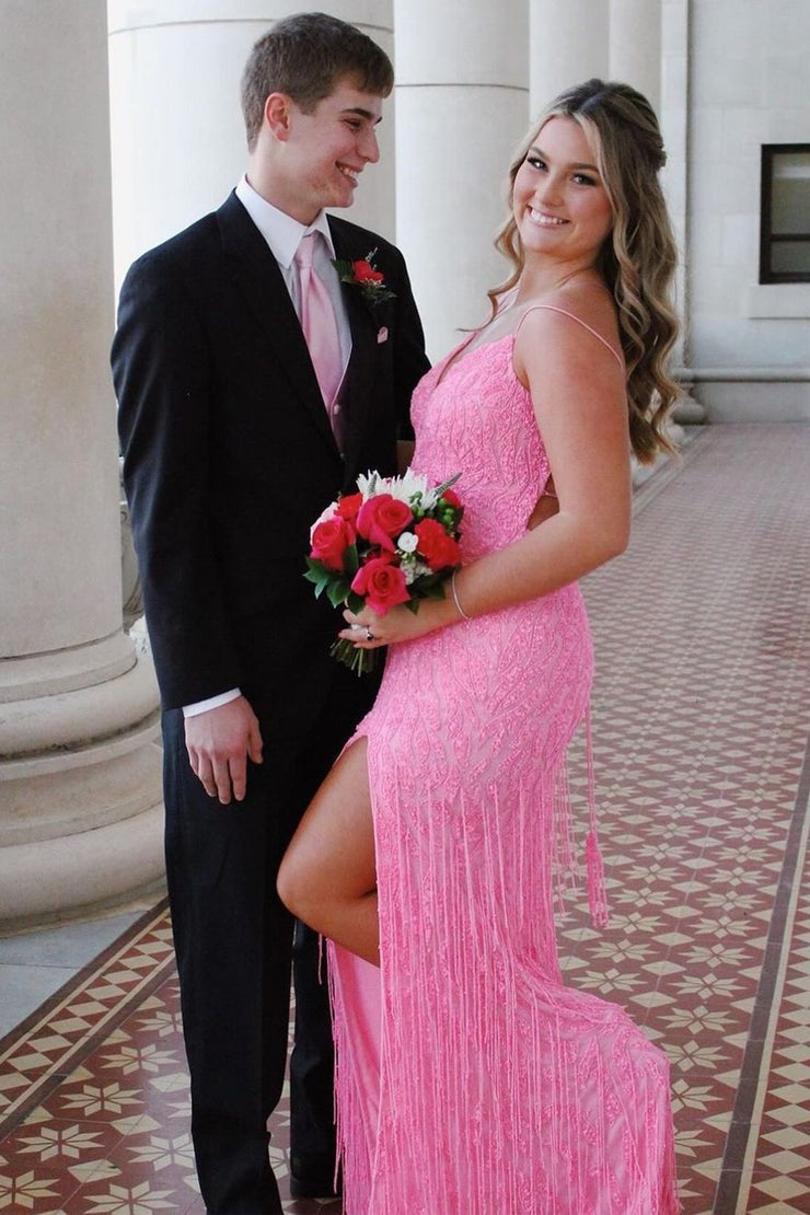 Pink Sequins V Neck Mermaid Long Prom Dresses with Fringes