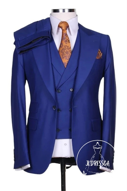 Royal Blue Three Pieces Peaked Lapel Business Men Suits, SU25161