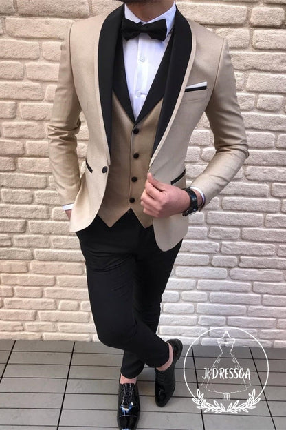 Three-piece Gold Champagne Wedding Suits Black Satin Shawl Lapel Wedding Tuxedos, SU25041