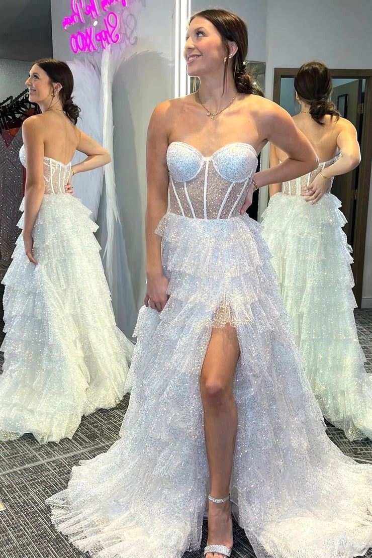 White Strapless Tulle Ruffle Glitter Long Prom Dresses, PD25531