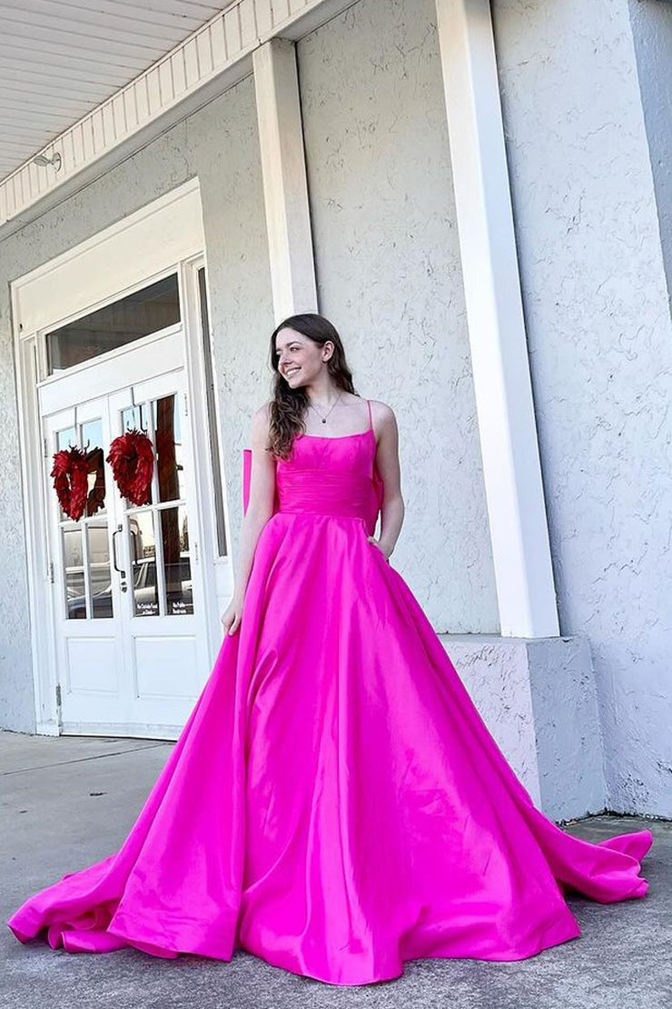 Fuchsia Satin A-Line Scoop Neck Long Prom Dress with Bow