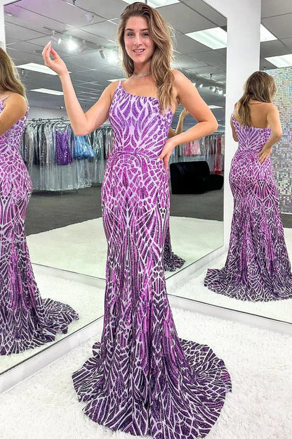 Purple Sequins One Shoulder Mermaid Long Prom Dresses