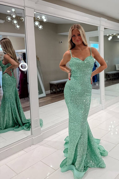 Mint Green Sweetheart Mermaid Sequins Long Prom Dress, PD25791
