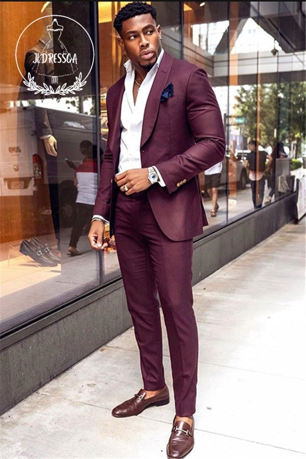 Classic Burgundy Two-Pieces Men Suits Shawl Lapel Bespoke Prom Outfit, SU25021