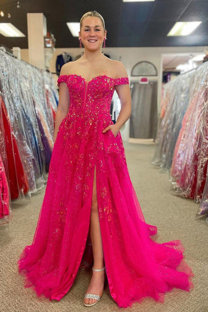 Fuchsia Tulle Off the Shoulder Long Prom Dresses with Appliques, PD25501