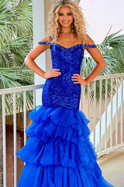Royal Blue Mermaid Off the Shoulder Sequins Long Prom Dresses, PD25601