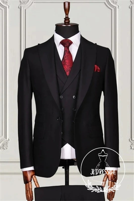 Modern Black Peaked Lapel Three Pieces Men Suits, SU25061