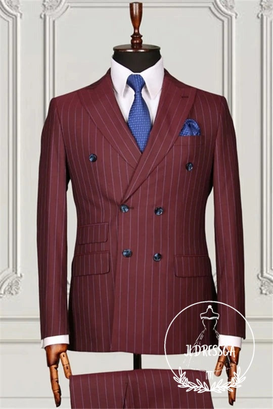 Burgundy Striped Double Breasted Bespoke Men Suits, SU25111