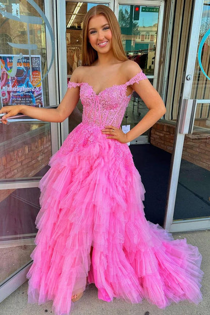 Pink Off - the - Shoulder Tulle Ruffle Long Prom Dresses