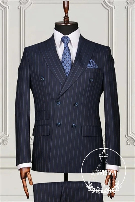 Dark Blue Double Breasted Striped Bespoke Men Suits For Business, SU25131