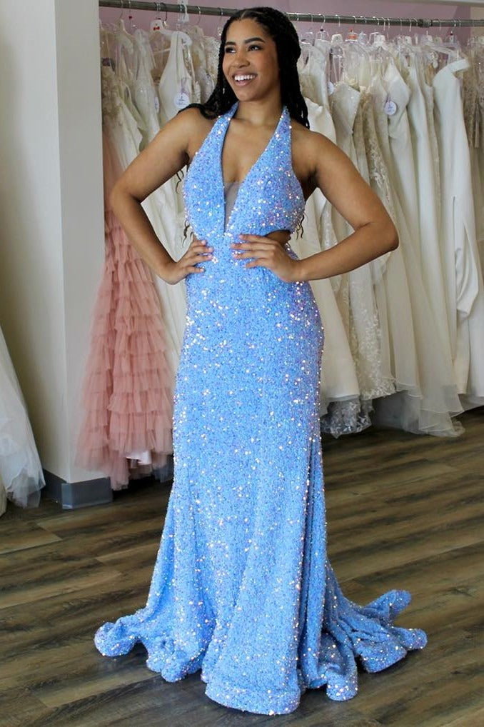 Blue Halter Iridescent Sequin Trumpet Long Prom Dress, PD25701