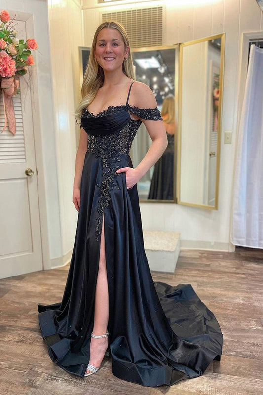 Black Satin Cold Shoulder Long Prom Dresses with Pockets